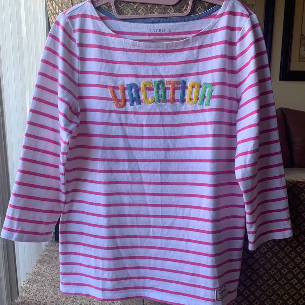 Talbots White Pink Striped Vacation Embroidered Knit  3/4 Sleeve Tee Like New - Picture 3 of 8